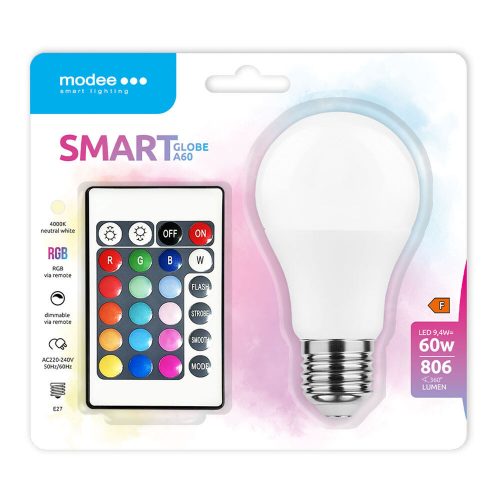 Modee RGB+W távirányítós LED izzó E27 9,4W 806Lm 270° 4000K 