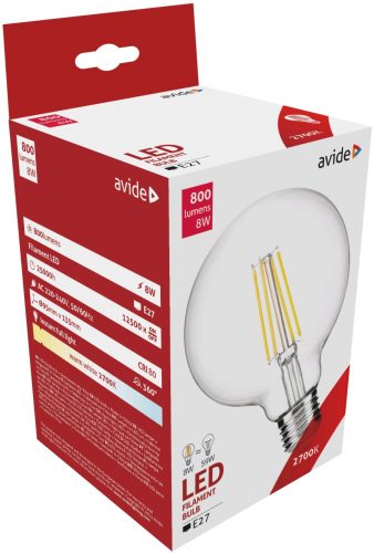 Avide gömb filament LED izzó E27 8W 800Lm 360° 2700K