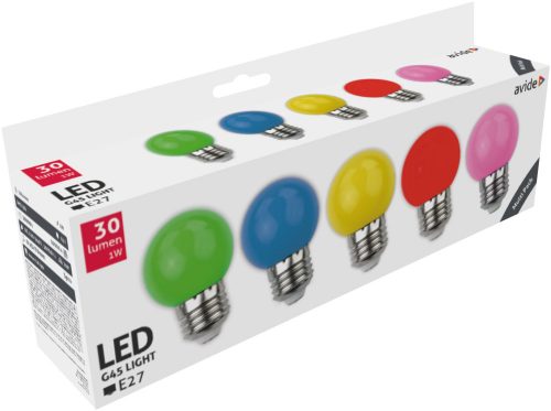 Avide színes kisgömb LED izzó E27 1W 30Lm 200°  Zöld/Kék/Sárga/Piros/Rózsaszín  5db/ csomag