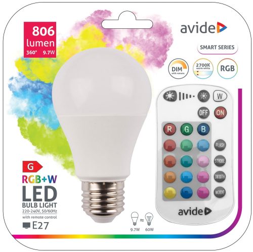 Avide RGB+W távirányítós LED izzó E27 9,7W 806Lm 360° 2700K