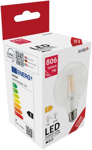 Avide gömb filament LED izzó E27 7W 806Lm 360° 2700K