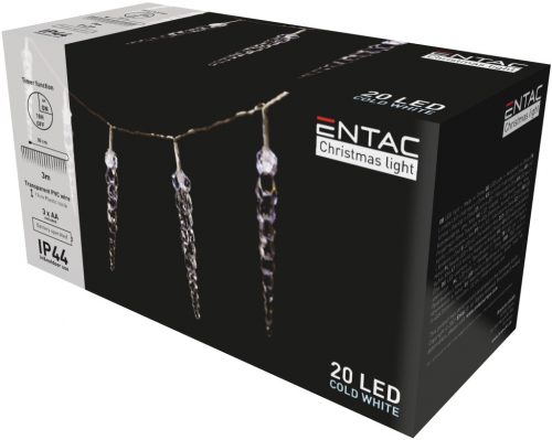 Karácsonyi elemes led jégcsap ( 11cm) fűzér 20led 3m IP44 hideg fehér