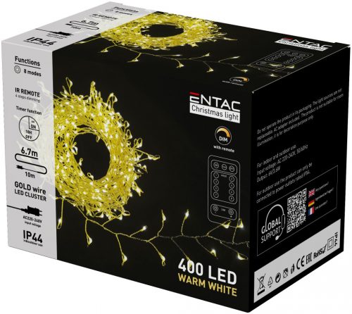 Karácsonyi led fényfűzér, arany fűrtös drót , 400Led 6,7m IP44 meleg fehér